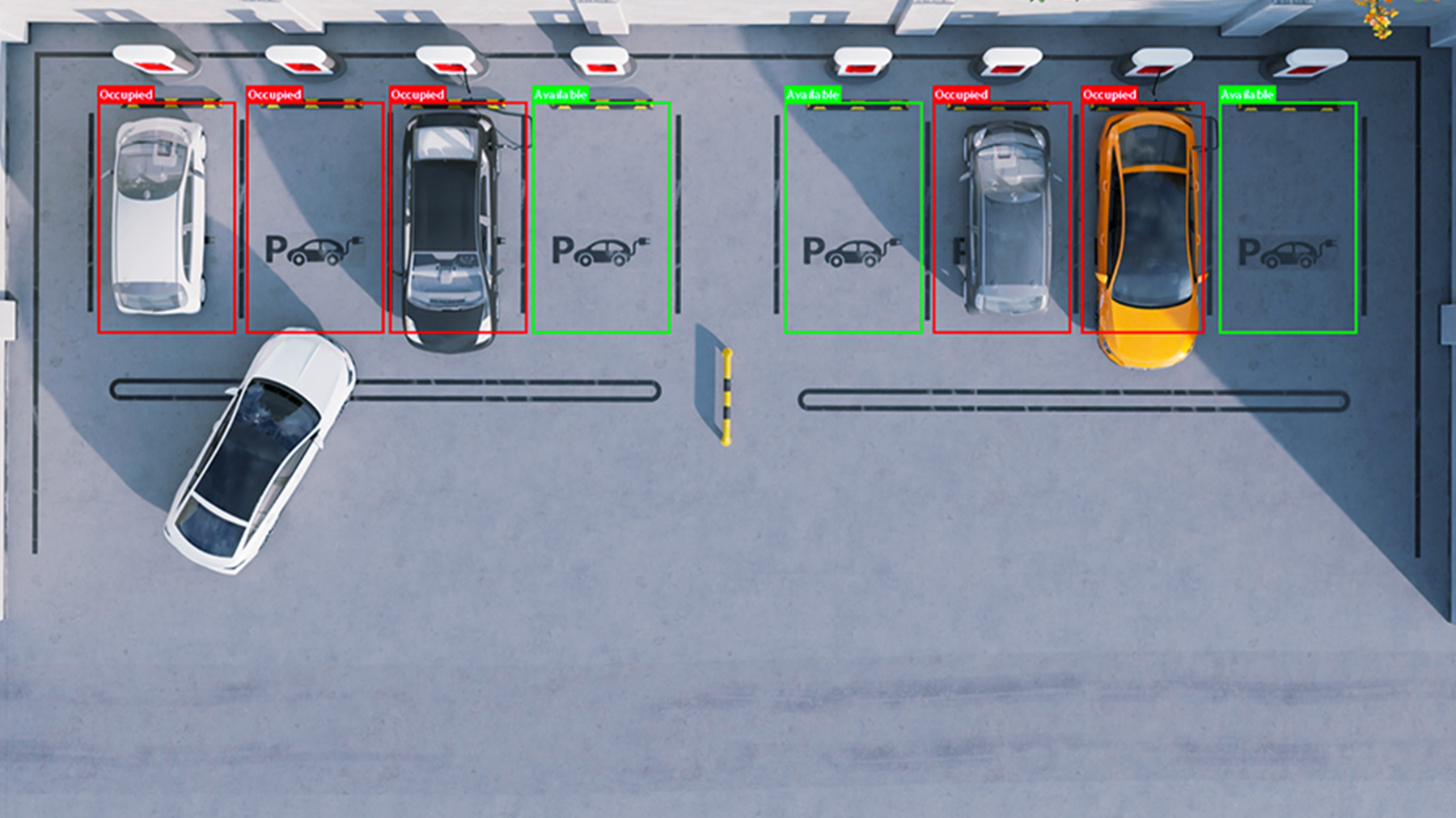 The aerial view of the parking lot, using computer vision to detect parking spaces and whether they are electric vehicle parking spaces